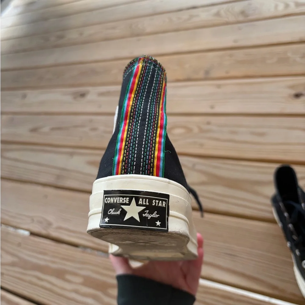 Converse Layered Pride Sneakers - Black High-Tops with Rainbow Stitching - Picture 5 of 6